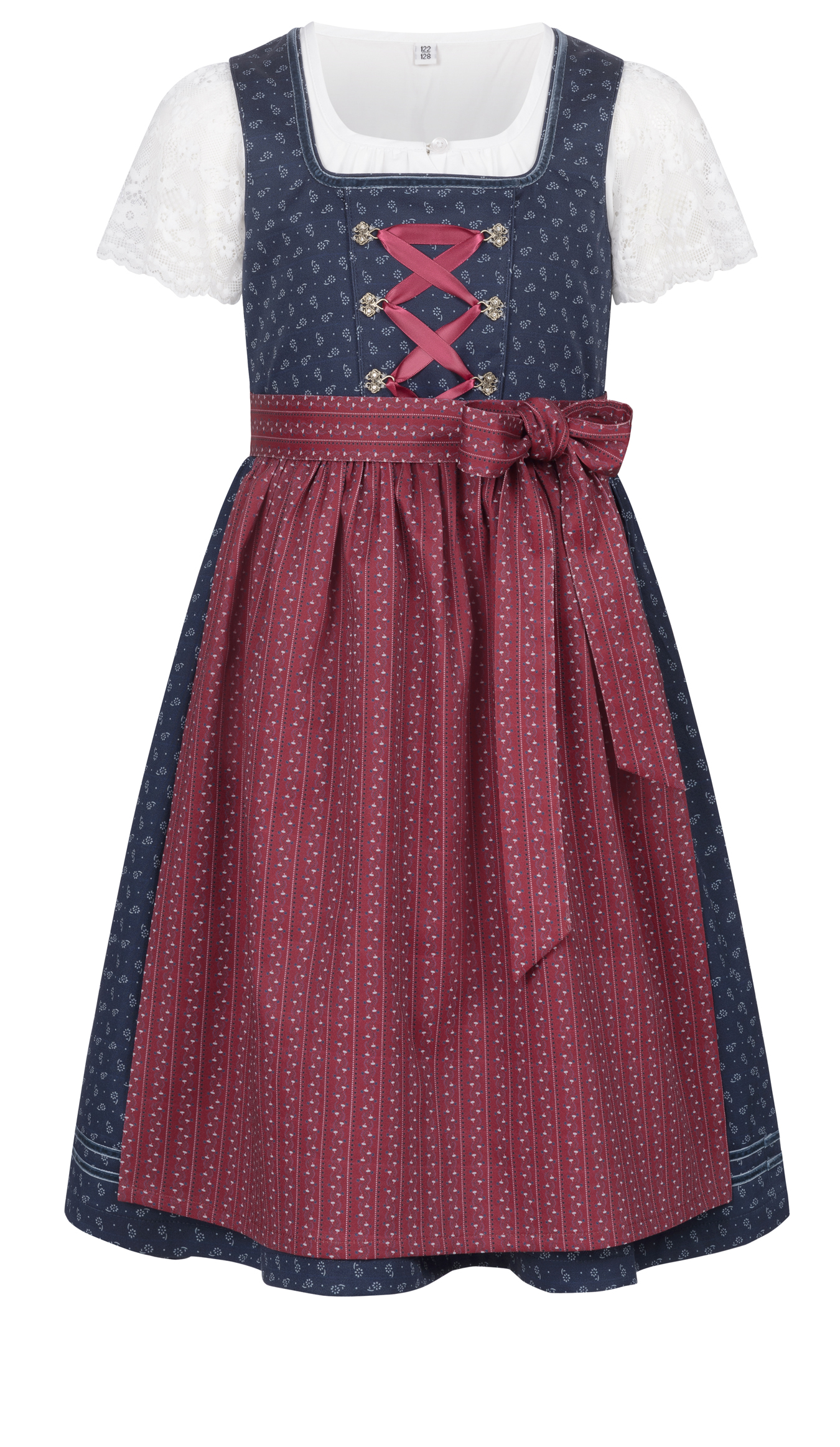 Kinderdirndl Gesr in Blau Rot, 3-teiliges Set